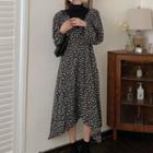 Puff-sleeve Flower Print Mock Two-piece Midi A-line Dress