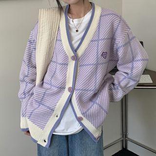 Plaid Heart Embroidered Cardigan / Sweater