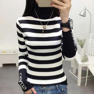 Turtleneck Stripe Lettering Sweater