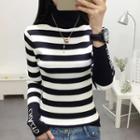 Turtleneck Stripe Lettering Sweater