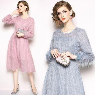 Feather Accent Long-sleeve A-line Midi Dress