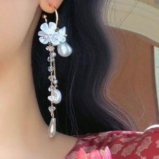Faux Pearl Flower Fringed Earring 1 Pair - 0615a - Silver Needle Earring - White & Gold - One Size