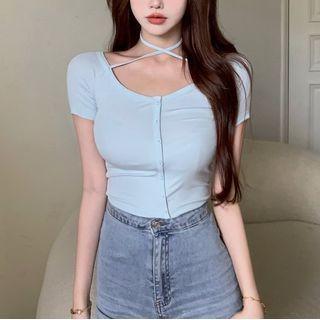 Round-neck Button Up Crop Top