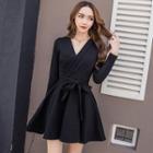 Long-sleeve Sashed A-line Mini Dress