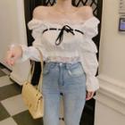 Balloon-sleeve Lace Trim Cropped Blouse With 3 Colors Lace-up - White - One Size