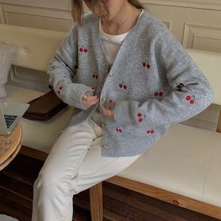 Long-sleeve V-neck Cherry Embroidered Cardigan