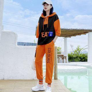 3/4-sleeve Lettering Hoodie / Cropped Harem Pants / Set