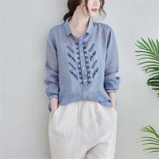 Long-sleeve Floral Embroidered Shirt Light Blue - One Size