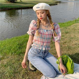 Square-neck Color-block Bow Blouse