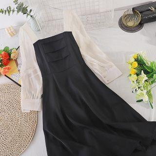 Square-neck Color Block Panel Long-sleeve Dress
