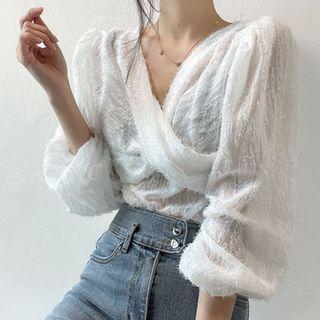 3/4-sleeve V-neck Textured Blouse