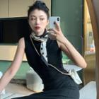 Mock-neck Sleeveless Midi Dress / Silk Scarf