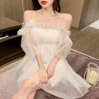 Short-sleeve Cold Shoulder Mesh Frill Trim Mini A-line Dress