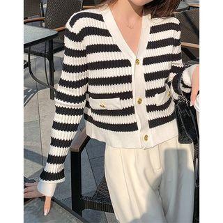 V-neck Striped Cropped Cardigan Black - One Size