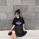 Drop-shoulder Sequined-planet T-shirt