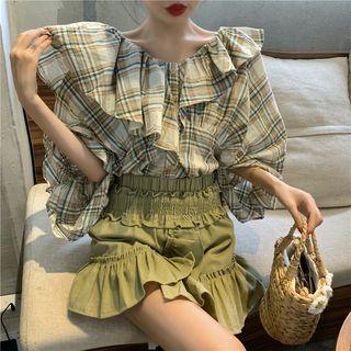 3/4-sleeve Ruffle Plaid Top Top - One Size