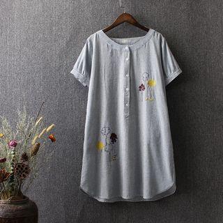 Flower Embroidered Striped Short Sleeve Collarless Shirtdress