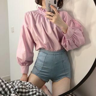 Ruffle Trim Blouse Purplish Pink - One Size
