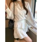 Long-sleeve V-neck Shirt / Ruffle Mini Skirt