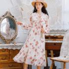 Flower Print Long-sleeve A-line Chiffon Dress