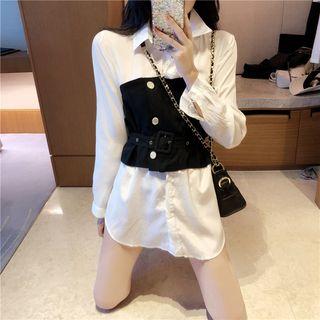Color-block Long-sleeve Slim-fit Shirt White - One Size