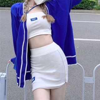 Long-sleeve Contrast Trim Knit Cardigan Blue - One Size