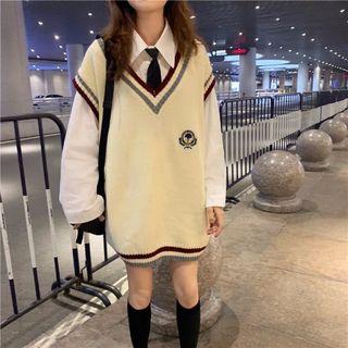 Tie-accent Button-down Shirt / Contrast Stripe Sleeveless Knit Top