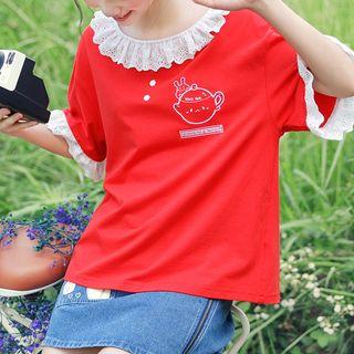 Lace-hem Printed Short-sleeve Top