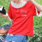 Lace-hem Printed Short-sleeve Top
