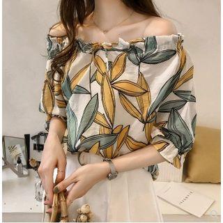 3/4-sleeve Frill Trim Patterned Chiffon Top