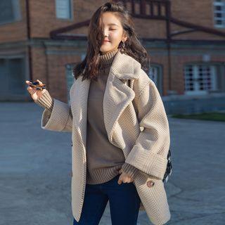 Double-buttoned Herringbone Woolen Coat