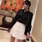 Long-sleeve Satin Blouse / Pleated A-line Skirt