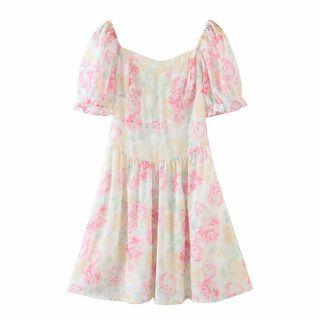 Short-sleeve Flower Mini A-line Dress