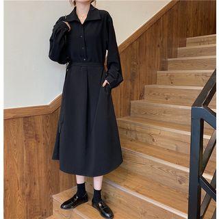 Balloon-sleeve Midi A-line Shirtdress Black - One Size