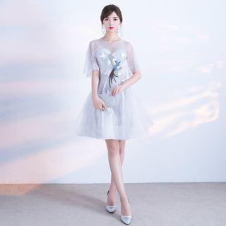 Bird Embroidered Elbow Sleeve Evening Dress