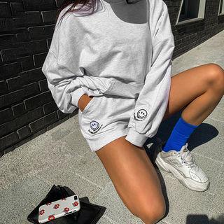 Set: Round-neck Embroidered-detail Pullover + Band-waist Shorts
