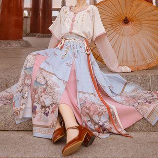 Embroidered Blouse / Printed Side-slit Midi A-line Skirt