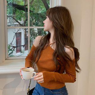 Cold-shoulder Ribbed Knit Top Caramel - One Size