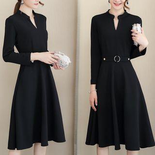 Long-sleeved A-line Sheath V-neck Plain Slim Long Dress