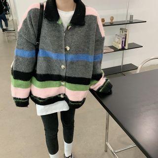Color-block Loose-fit Cardigan Green & Pink & Black - One Size