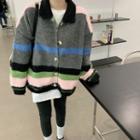Color-block Loose-fit Cardigan Green & Pink & Black - One Size