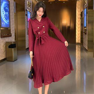 Double-breasted Long-sleeve Midi Pleated Dress