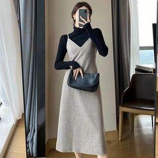 Set: Long-sleeve Turtleneck Top + Spaghetti Strap Dress