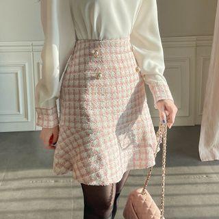 Faux-pearl Ruffle-hem Tweed Skirt