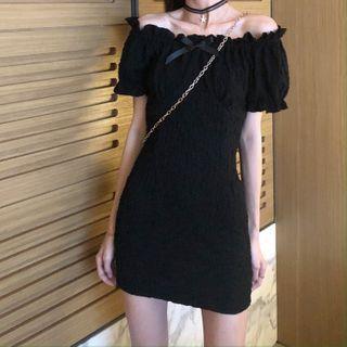 Ruffled Off-shoulder Puff-sleeve Mini A-line Dress Black - One Size