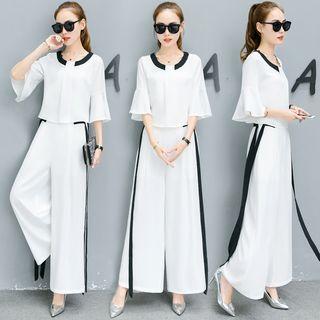 Set: Bell-sleeve Tie-back Blouse + Wide Leg Pants