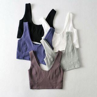 V-neck Ribbed-knit Plain Crop Tank Top