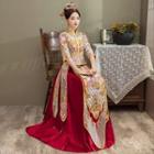 Set: Elbow-sleeve Embroidered Chinese Wedding Cheongsam + Maxi Skirt + Headpiece + Earring