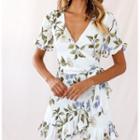 Short-sleeve Leaf Print Ruffled A-line Dress