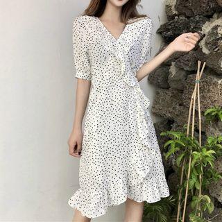 V-neck Dotted Ruffle Trim Elbow-sleeve Dress
